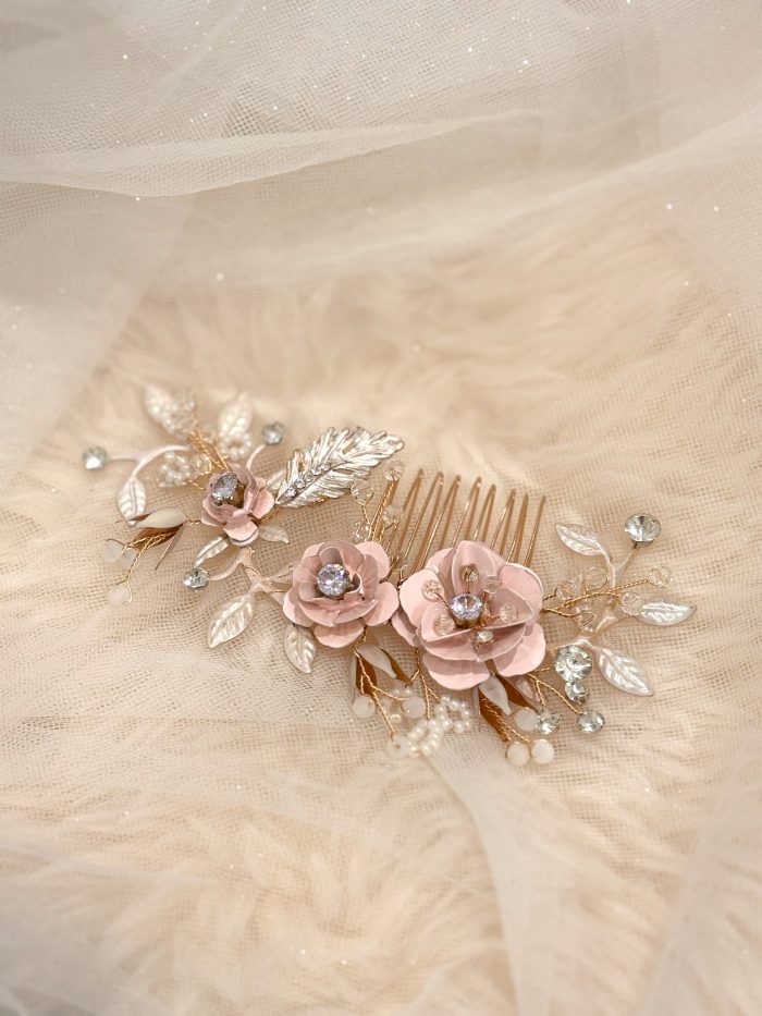 Bridal Pink Rose Gold with Rhinestones Hair Comb