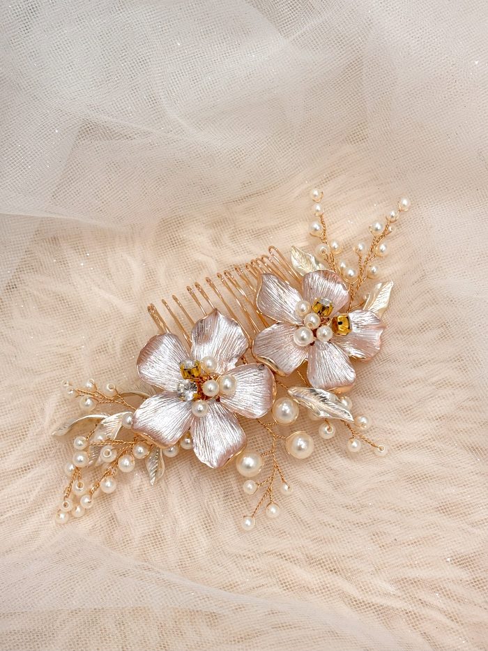 Bridal Rose Gold Flower with Pearl Hair Comb