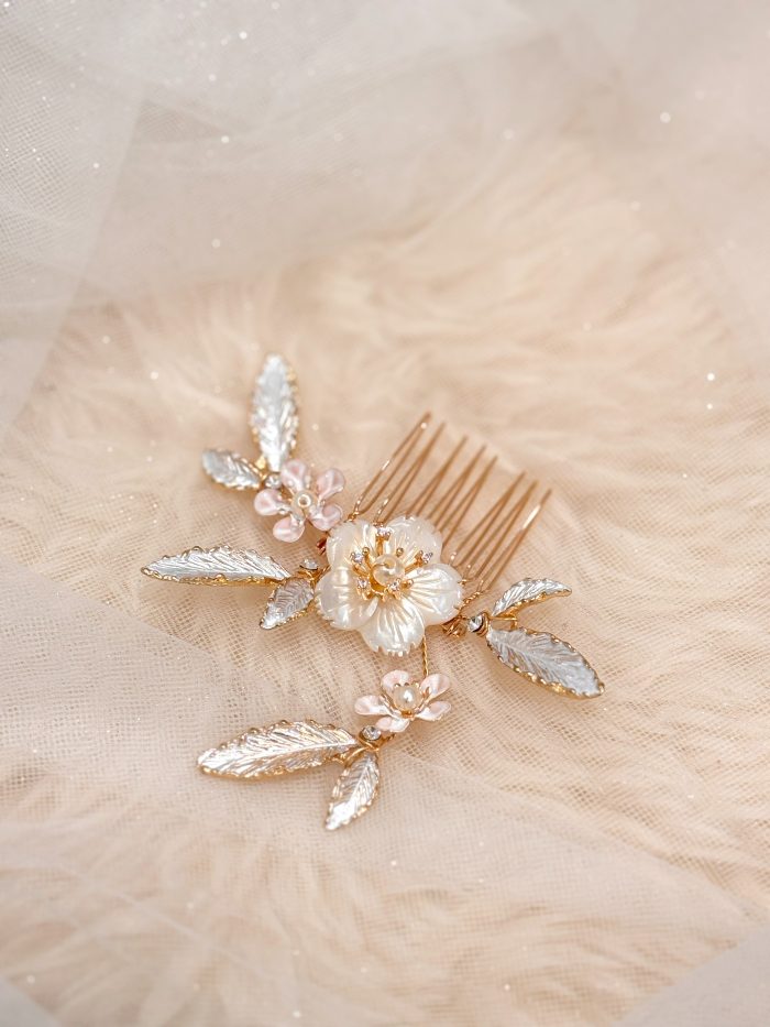 Bridal Ivory Flower with Pearl & Rhinestone Gold Hair Comb
