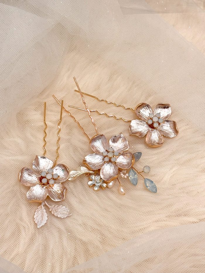 Bridal Rose Gold Flower with Rhinestone Hair Pin (Set of Three)
