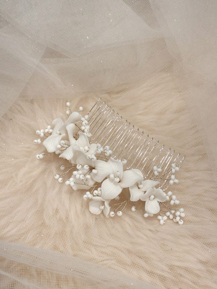 Bridal Porcelain White Flower with Pearl Silver Hair Comb