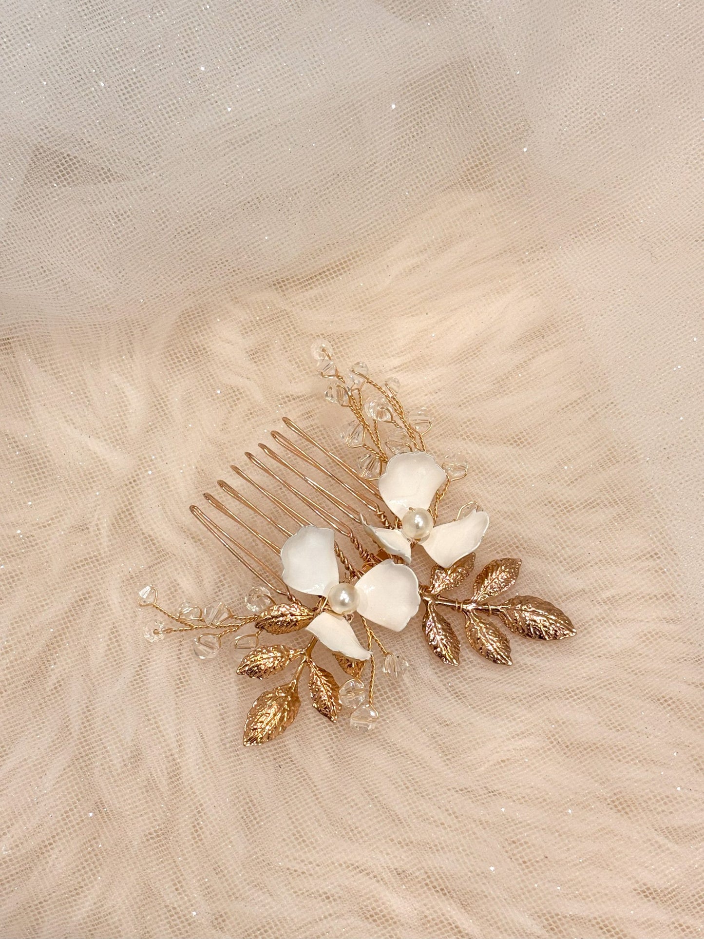 Bridal Ivory Flower with Gold Leaf Hair Comb