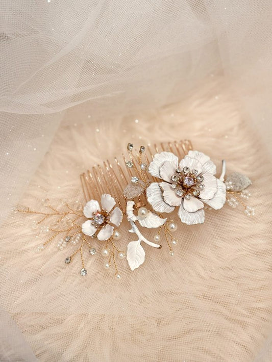 Bridal White Flower Gold Hair Comb