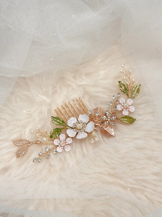 Bridal Flower and leaf with Rhinestone Hair Comb