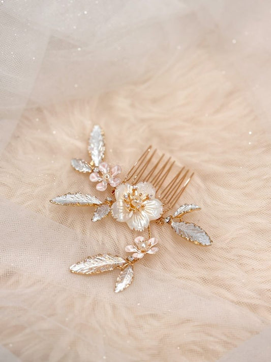 Bridal Ivory Flower with Pearl & Rhinestone Gold Hair Comb
