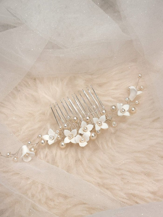 Bridal Ivory Flower with Pearl Silver Hair Comb