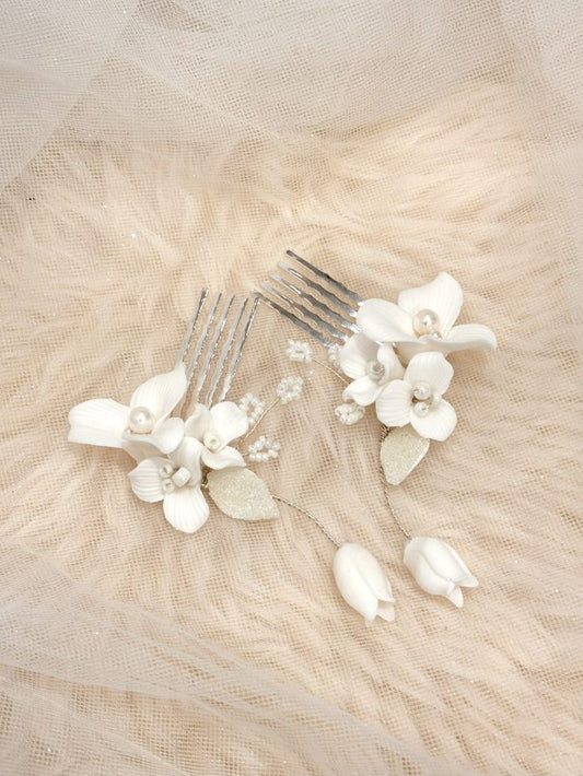 Bridal Porcelain White Flower Hair Pin (Set of Two)