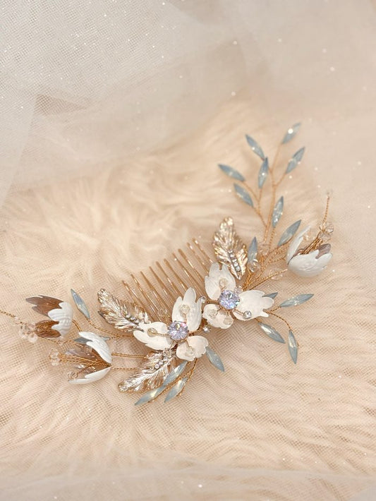 Bridal Ivory Flower with Opal Crystal Gold Haircomb