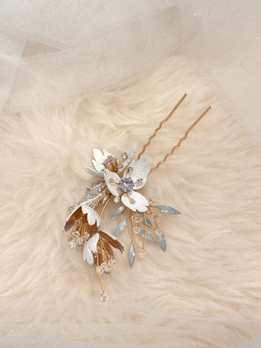 Bridal Ivory Flower with Opal Crystal Hair Pin