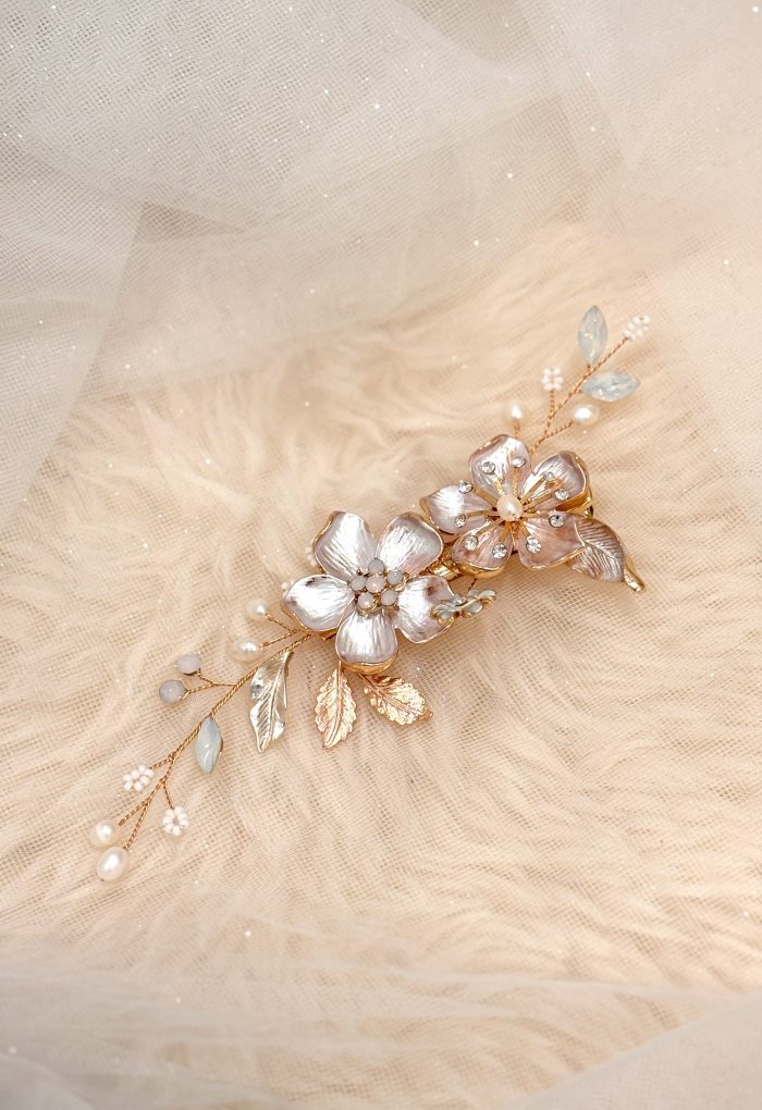 Bridal Rose Gold Flower with Rhinestone Hair Pin