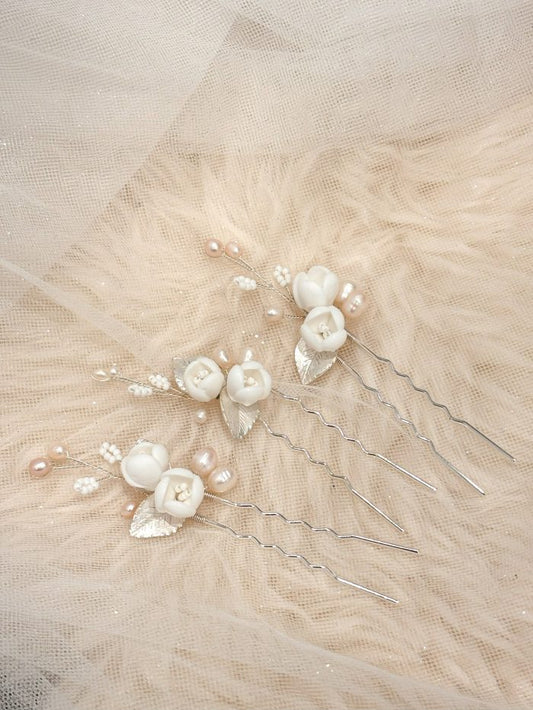 Bridal Porcelain White Flower with Pearl Hair Pin (set of three)